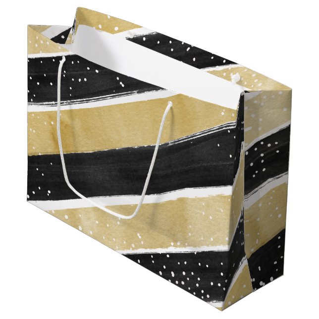 Moderne Schwarz & Gold Snowflake Strip Holiday Große Geschenktüte (Vorderseite Schrägansicht)