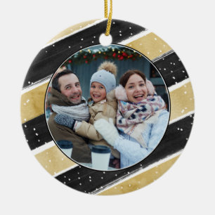 Moderne Schwarz & Gold Snowflake Strip Holiday Keramik Ornament