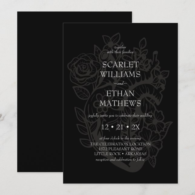 Moderne Schwarz-Gotik Elegantes Blumenherz Hochzei Einladung (Vorne/Hinten)