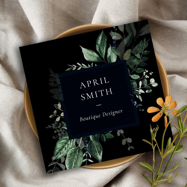 Moderne schwarz grüne Blätter tropischer Foliage F Quadratische Visitenkarte (Von Creator hochgeladen)