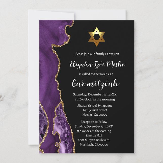 Moderne Schwarz Lila und Gold Bar Mitzvah Einladung (Vorderseite)
