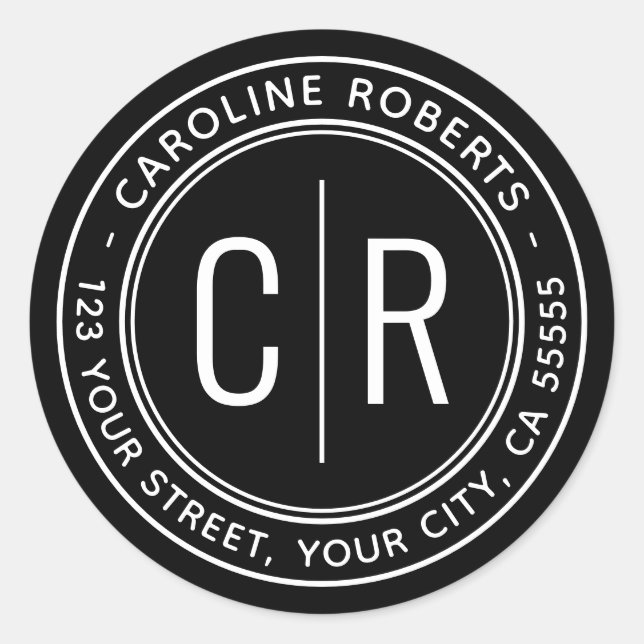 Moderne Schwarz-Monogramm-Initial-Rücksendeadresse Runder Aufkleber (Vorderseite)