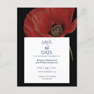 Moderne Schwarz-Poppy-Hochzeit rettet das Datum Ankündigungspostkarte