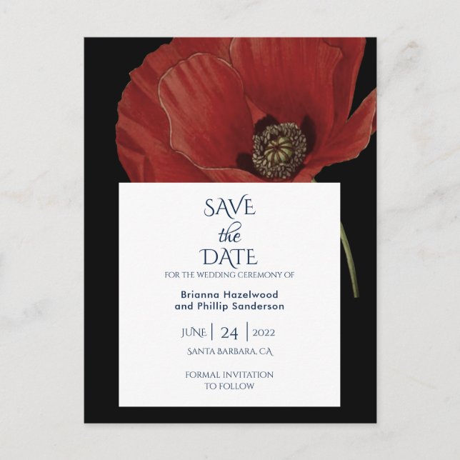 Moderne Schwarz-Poppy-Hochzeit rettet das Datum Ankündigungspostkarte (Vorderseite)