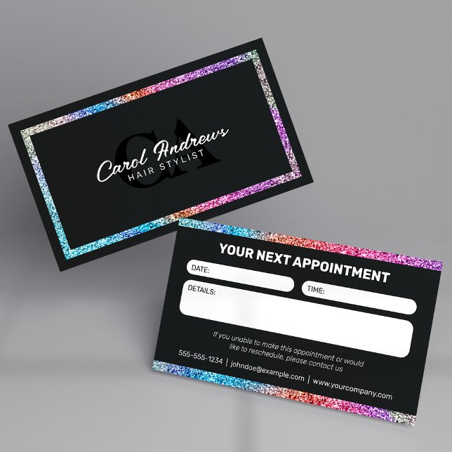 Moderne Schwarz/Rainbow Glitzer Hair Stylist Terminkarte (Von Creator hochgeladen)