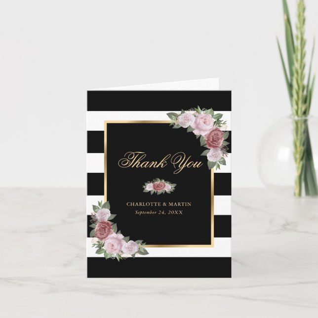 Moderne Schwarz-Rosa-Blütenhochzeit Dankeskarte (Vorderseite)