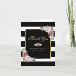 Moderne Schwarz-Rosa-Blütenhochzeit Dankeskarte