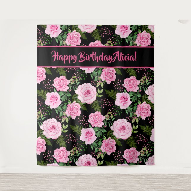 Moderne Schwarz-Rosa Rosen Happy Birthday Tapestor Wandteppich (Vorderseite)
