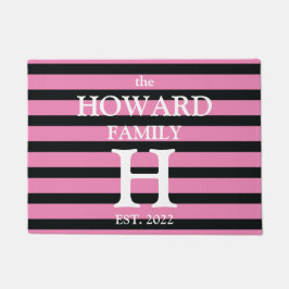 Moderne Schwarz-Rosa Streifen Monogramm Name Hochz Fußmatte