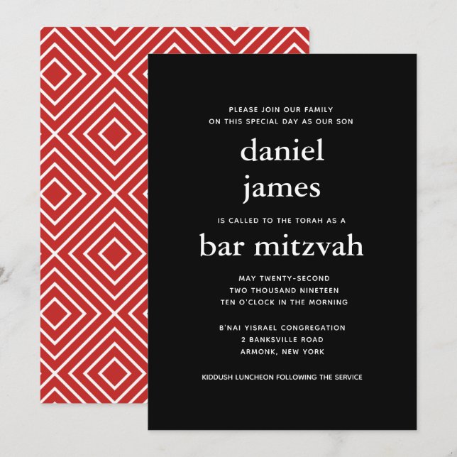 Moderne Schwarz-Rot-Bar Mitzvah-Einladung Einladung (Vorne/Hinten)