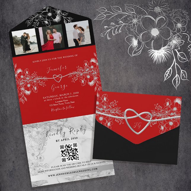 Moderne Schwarz-Rot-QR-Hochzeit All In One Einladung (Von Creator hochgeladen)