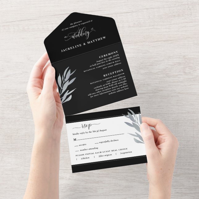 Moderne Schwarz-Silber-Hochzeit mit Perforierter U All In One Einladung (Abreißen)