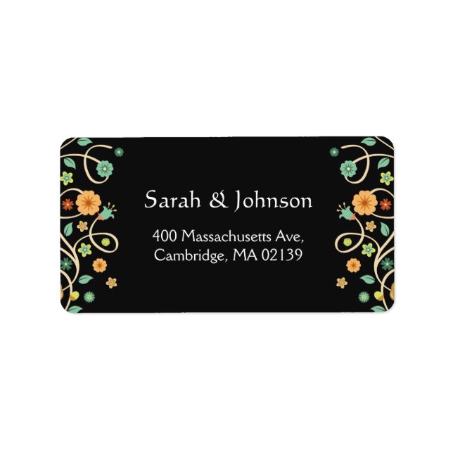 Moderne Schwarz Stilvolle Natur Swirl Blumen Adressaufkleber (Vorne)