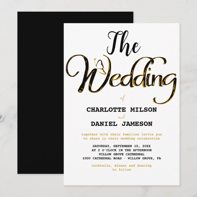 Moderne Schwarz und Gold Einfache Hochzeit Einladung (Vorne/Hinten)