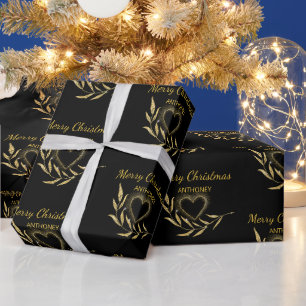 Moderne Schwarz und Gold Frohe Weihnachtsnamen Her Geschenkpapier