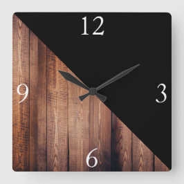 Moderne Schwarz- und Holzplanks Quadratische Wanduhr