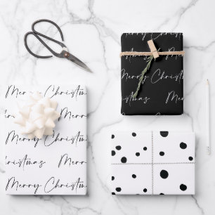 Moderne Schwarz und Weiß frohe Weihnachtskalligrap Geschenkpapier Set