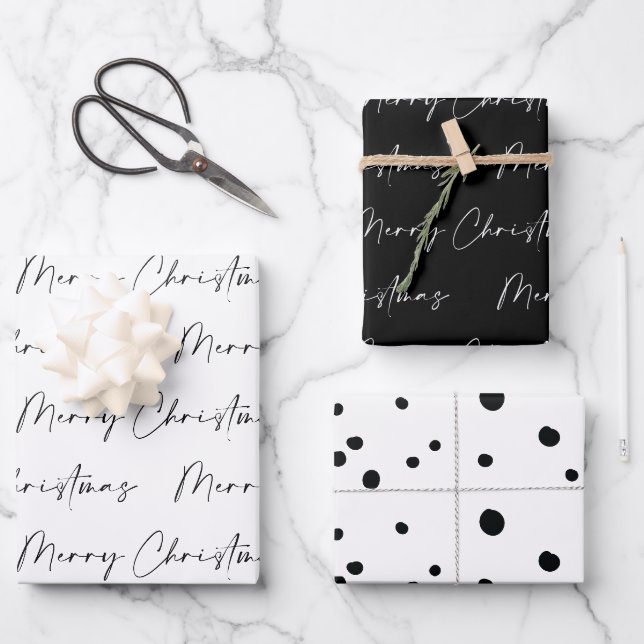Moderne Schwarz und Weiß frohe Weihnachtskalligrap Geschenkpapier Set (Vorderseite)
