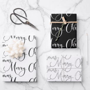 Moderne Schwarz und Weiß frohe Weihnachtskalligrap Geschenkpapier Set