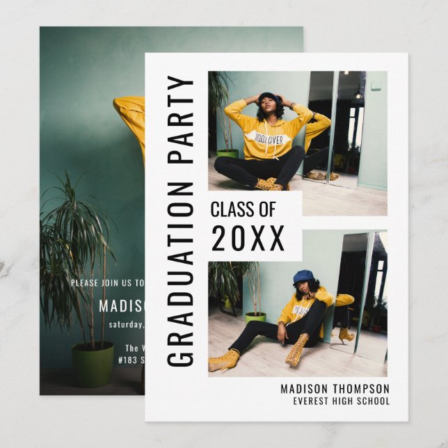 Moderne Schwarz/Weiß 3 Foto Abschluss Einladung (Vorne/Hinten)