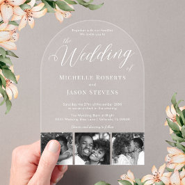 Moderne Schwarz-Weiß-3-Foto-Strip-Hochzeit Acryleinladungen