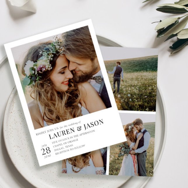 Moderne Schwarz-Weiß-4-Foto-Hochzeit Einladung (Von Creator hochgeladen)