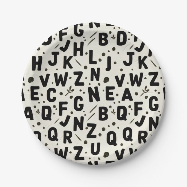 Moderne Schwarz-Weiß-Alphabet Pappteller (Vorderseite)