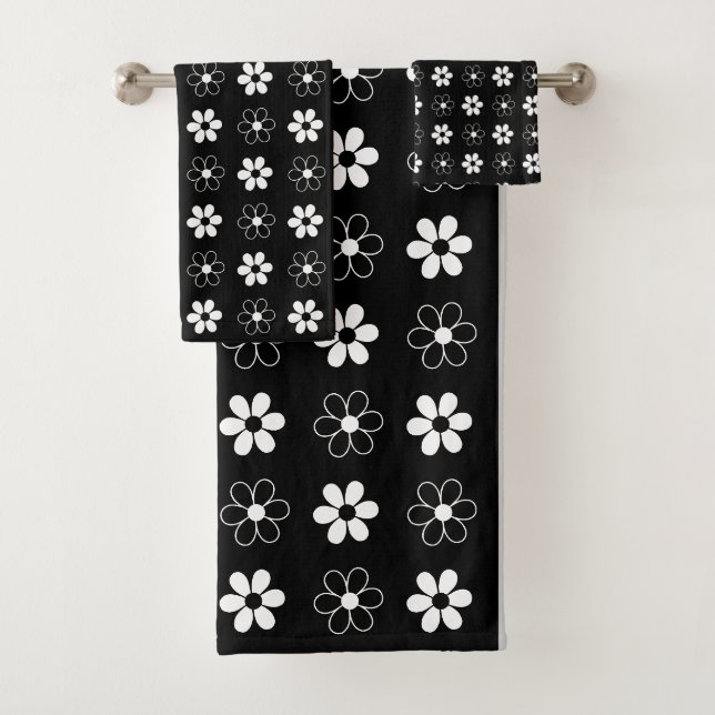 Moderne Schwarz-Weiß-Blume auf Schwarz Badhandtuch Set (Insitu)