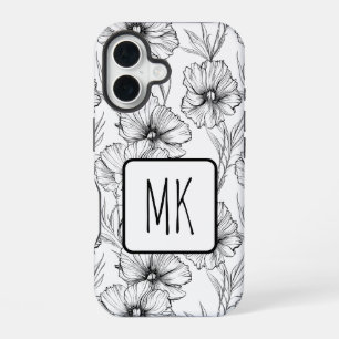 Moderne Schwarz-Weiß-Blumen-Mit Monogramm iPhone 16 Hülle