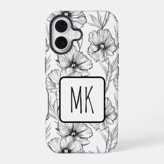 Moderne Schwarz-Weiß-Blumen-Mit Monogramm iPhone 16 Hülle