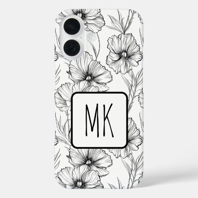 Moderne Schwarz-Weiß-Blumen-Mit Monogramm iPhone 16 Hülle (Rückseite)