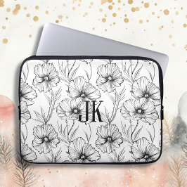 Moderne Schwarz-Weiß-Blumen-Mit Monogramm Laptopschutzhülle