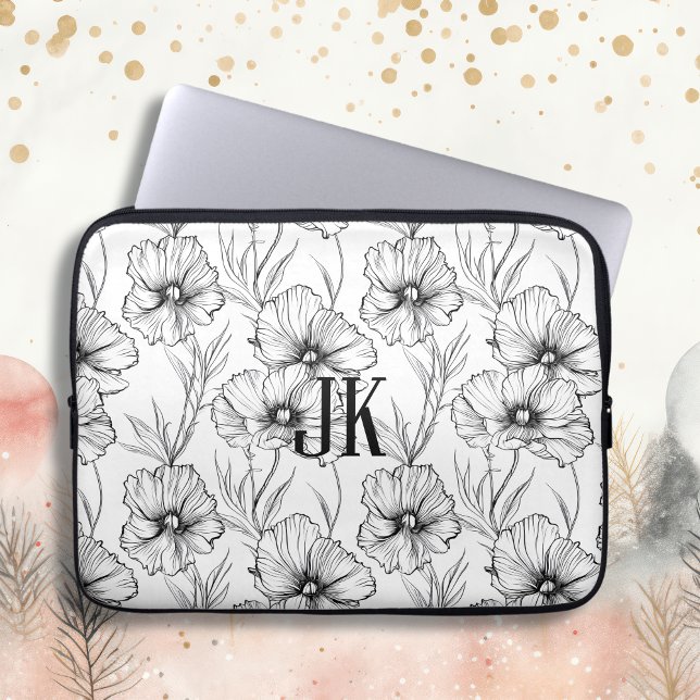 Moderne Schwarz-Weiß-Blumen-Mit Monogramm Laptopschutzhülle (Von Creator hochgeladen)
