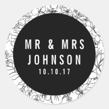 Moderne Schwarz-Weiß-Blütenaufkleber Mr. & Mrs.