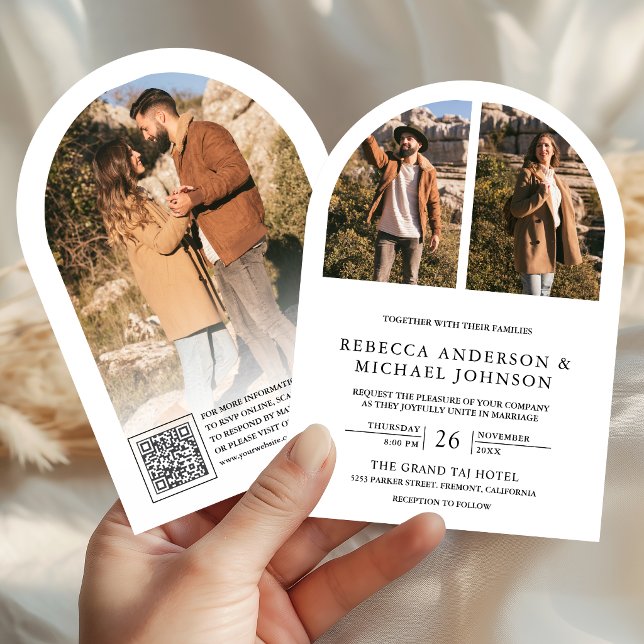 Moderne Schwarz-Weiß-Bogen-Foto-QR-Code-Hochzeit Einladung (Von Creator hochgeladen)