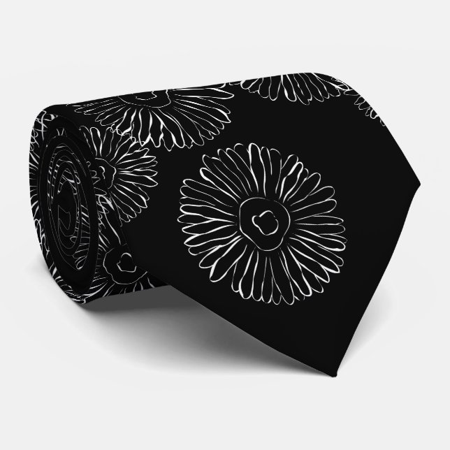 Moderne Schwarz-Weiß-Boho-Chic-Gänseblümchen-Muste Krawatte (Gerollt)