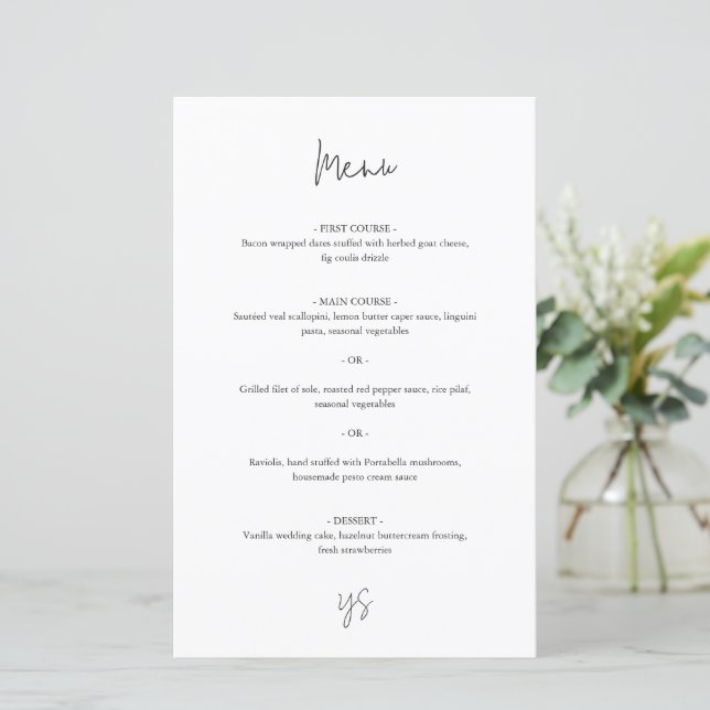 Moderne Schwarz-Weiß Chic Hochzeitsmenü (Stehend Vorderseite)