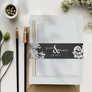 Moderne Schwarz-Weiß-Damaskus-Hochzeit Einladungsbanderole