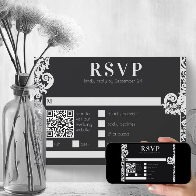 Moderne Schwarz-Weiß-Damaskus-Hochzeitsfeier Einladung (elegant black and white wedding theme modern damask printable rsvp card)