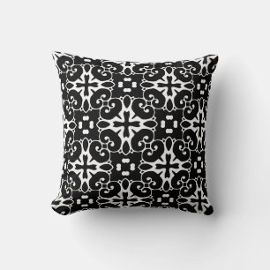 Moderne Schwarz-Weiß-Damast Graphic Floral Kissen