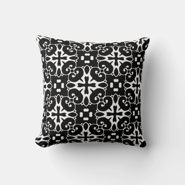 Moderne Schwarz-Weiß-Damast Graphic Floral Kissen (Vorderseite)