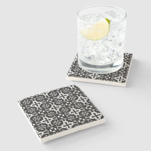 Moderne Schwarz-Weiß-Damast Graphic Floral Steinuntersetzer