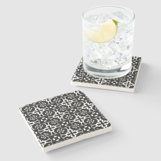 Moderne Schwarz-Weiß-Damast Graphic Floral Steinuntersetzer (Seitenansicht)