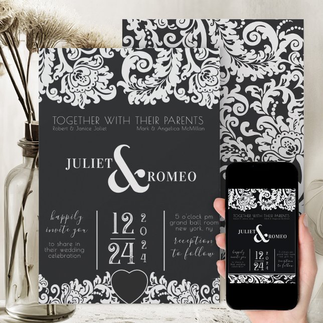 Moderne Schwarz-Weiß-Damast-Herzenshochzeit Einladung (modern black and white elegant wedding invitation with beautiful floral damask)