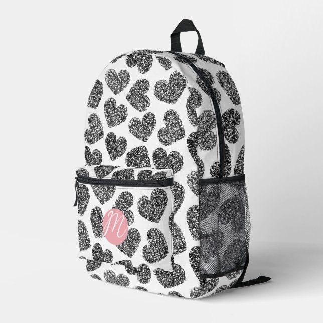 Moderne Schwarz-Weiß-Doodle-Herzen Mit Monogramm Bedruckter Rucksack (Rückseitige Ecke Rechts)