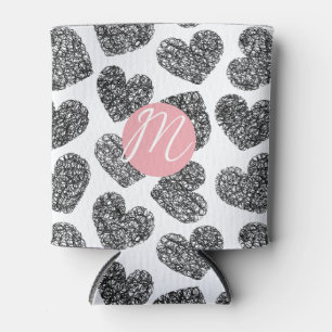 Moderne Schwarz-Weiß-Doodle-Herzen Mit Monogramm Dosenkühler
