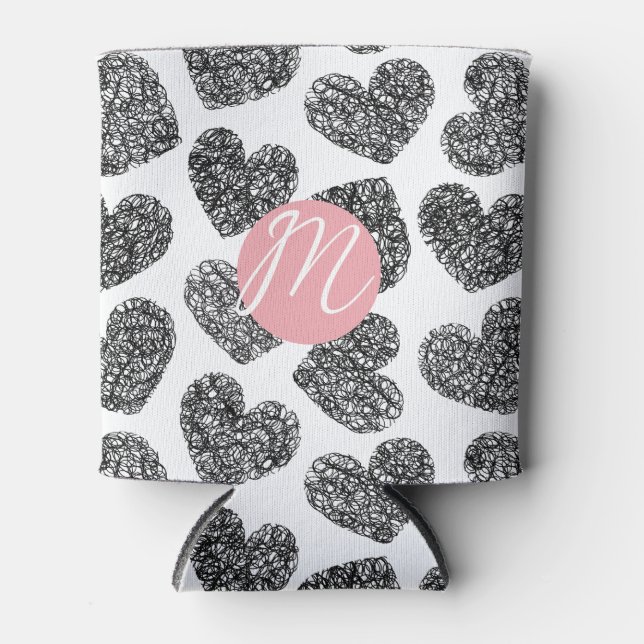Moderne Schwarz-Weiß-Doodle-Herzen Mit Monogramm Dosenkühler (Vorderseite)