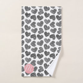 Moderne Schwarz-Weiß-Doodle-Herzen Mit Monogramm Handtuch
