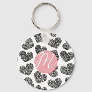 Moderne Schwarz-Weiß-Doodle-Herzen Mit Monogramm Schlüsselanhänger
