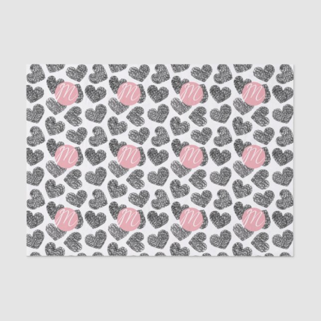 Moderne Schwarz-Weiß-Doodle-Herzen Mit Monogramm Seidenpapier (Vorderseite)